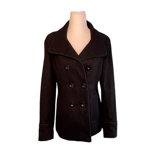 Steve Madden Classic Double Breasted Pea Coat Black Wool Lined Fitted S - Picture 1 of 6